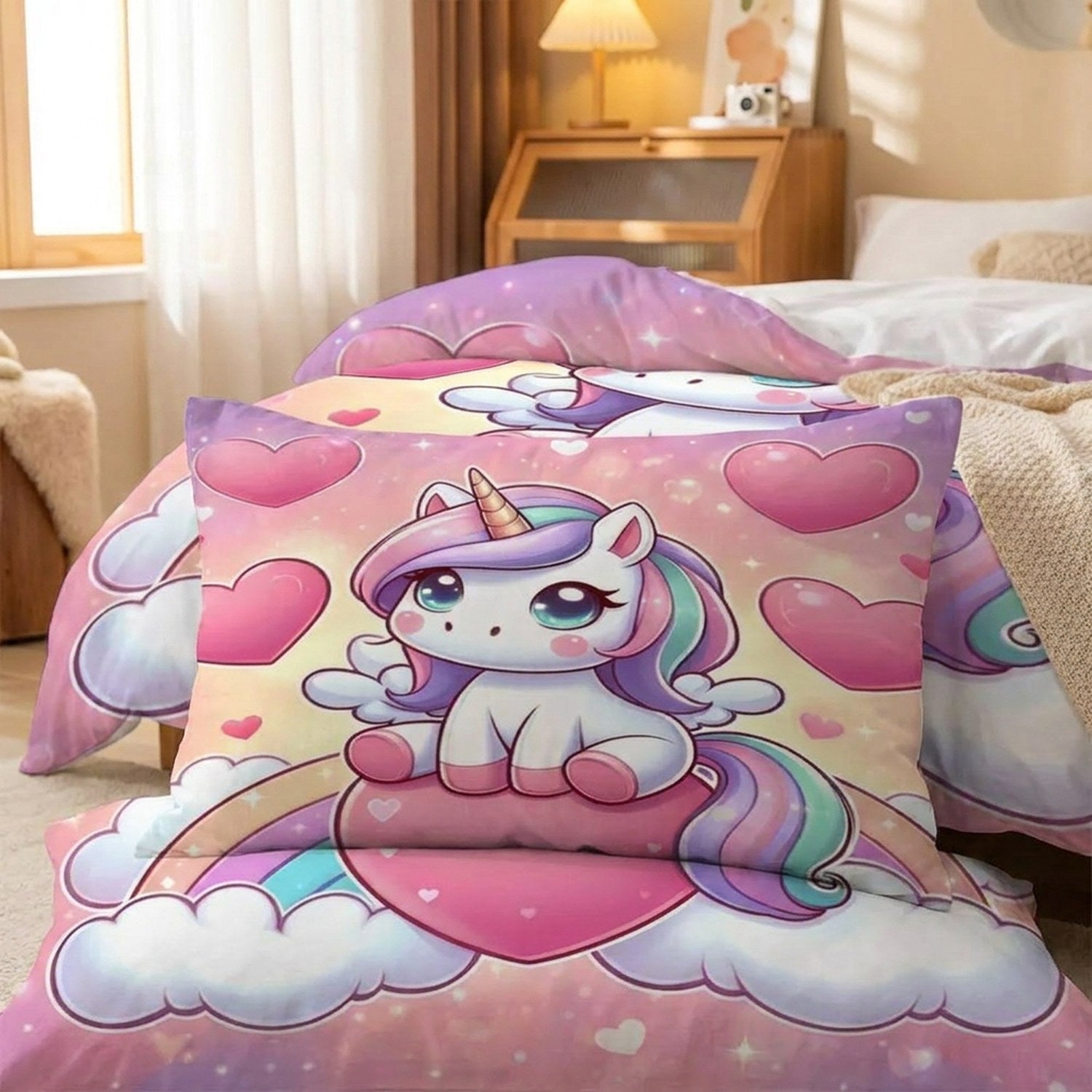Parure de lit licorne modèle Cœur avec taie assortie