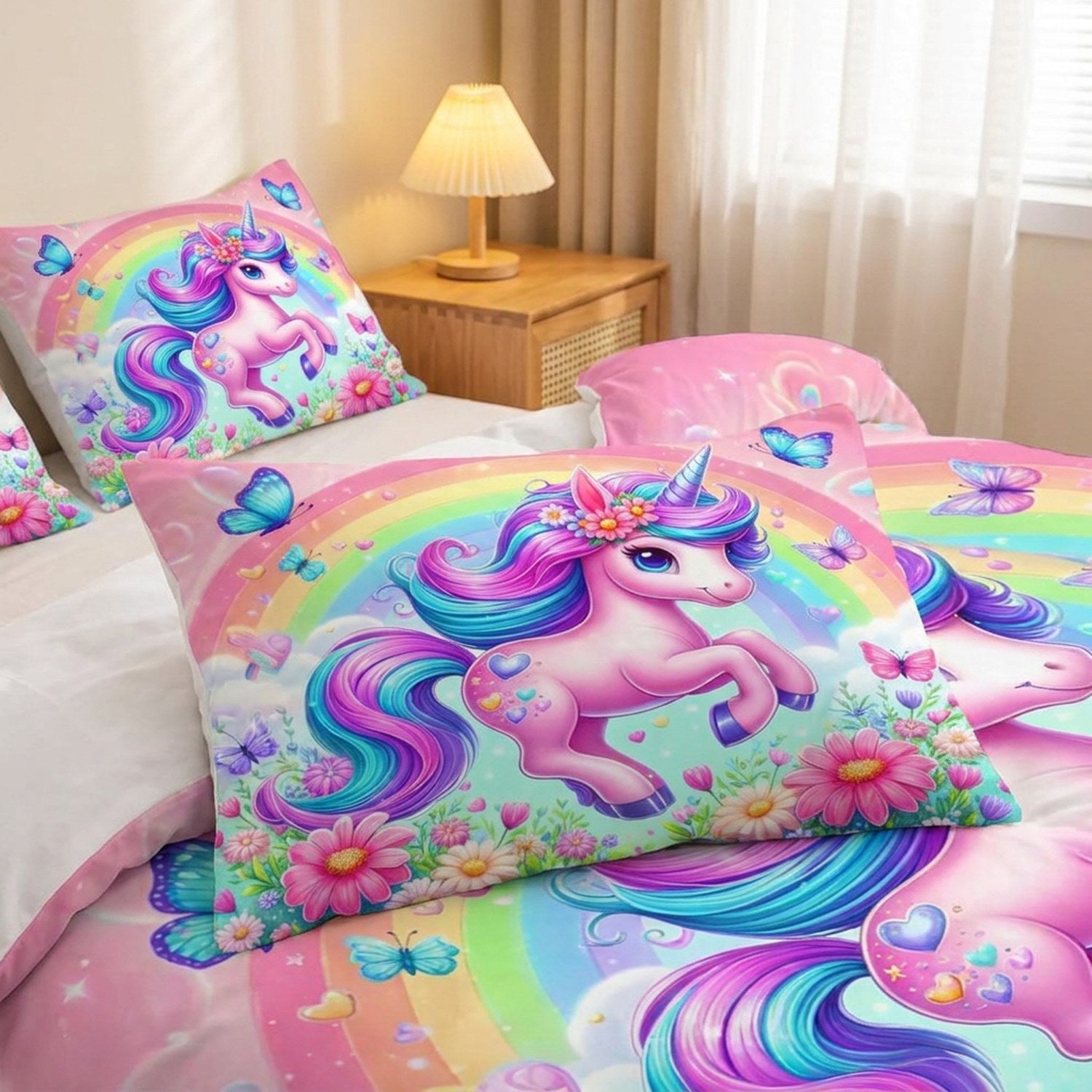 Parure de lit licorne modèle Fleurs avec taie assortie