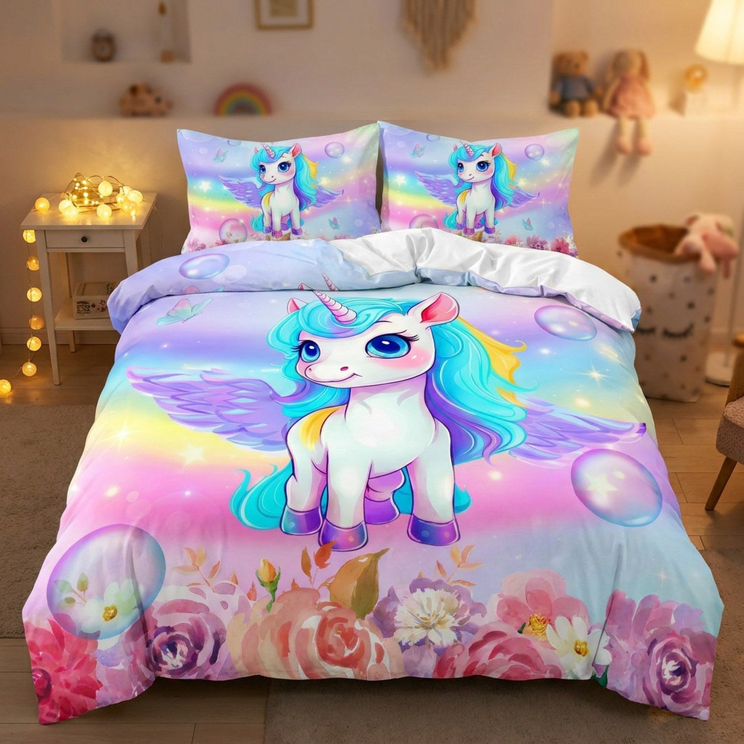 Parure de lit licorne dans une chambre enfant avec guirlande lumineuse chaleureuse