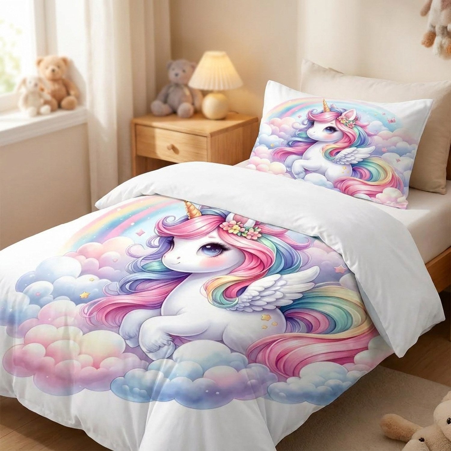 Parure de lit licorne pastel posée sur un lit d'enfant en gros plan