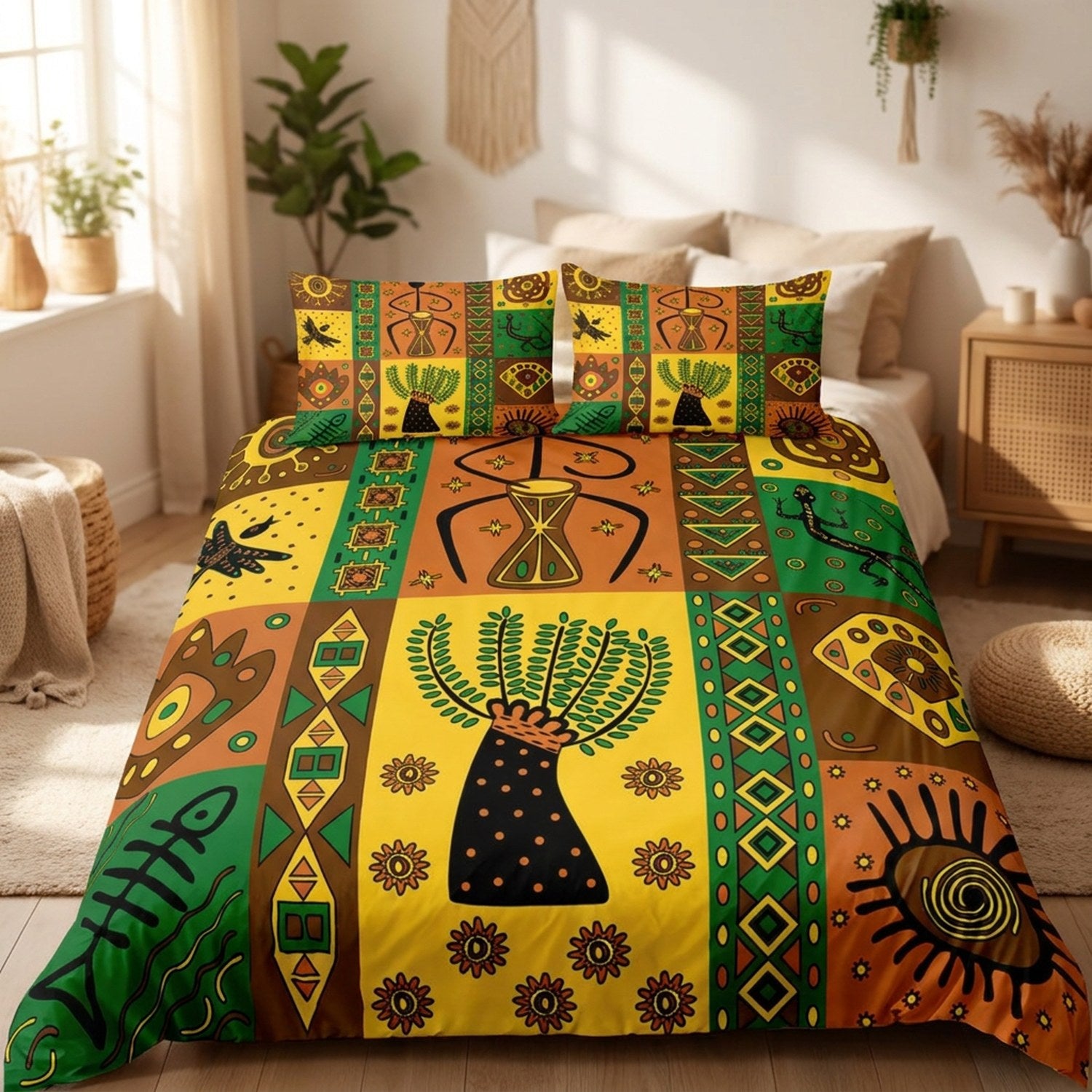 Parure de lit style africain motif savane vert et jaune sur un lit
