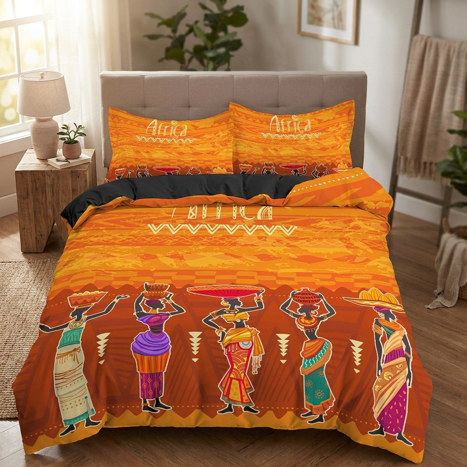 Parure de lit style africain motif village femmes portant des paniers sur un lit