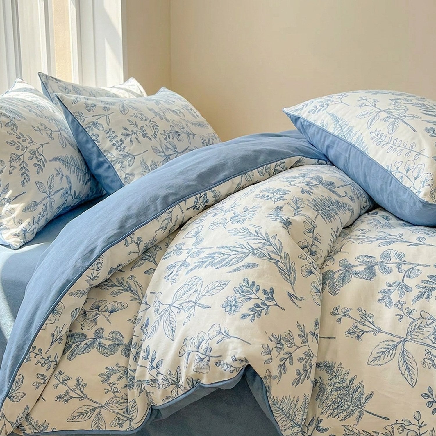 Parure de lit florale pastorale bleue avec housse de couette et taies sur un lit fait