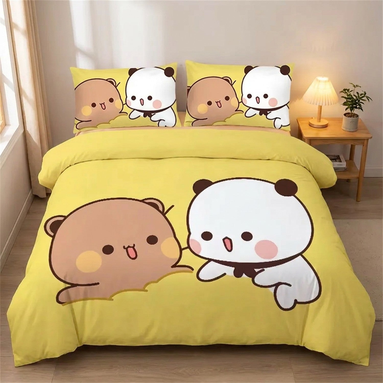 Parure de lit ours et panda modèle câlin sur fond jaune