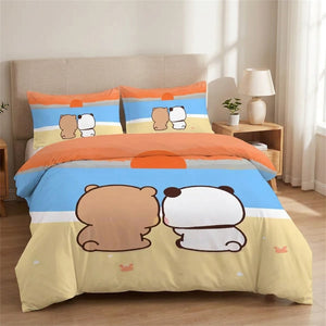 Parure de lit ours et panda installée sur un lit dans une chambre chaleureuse