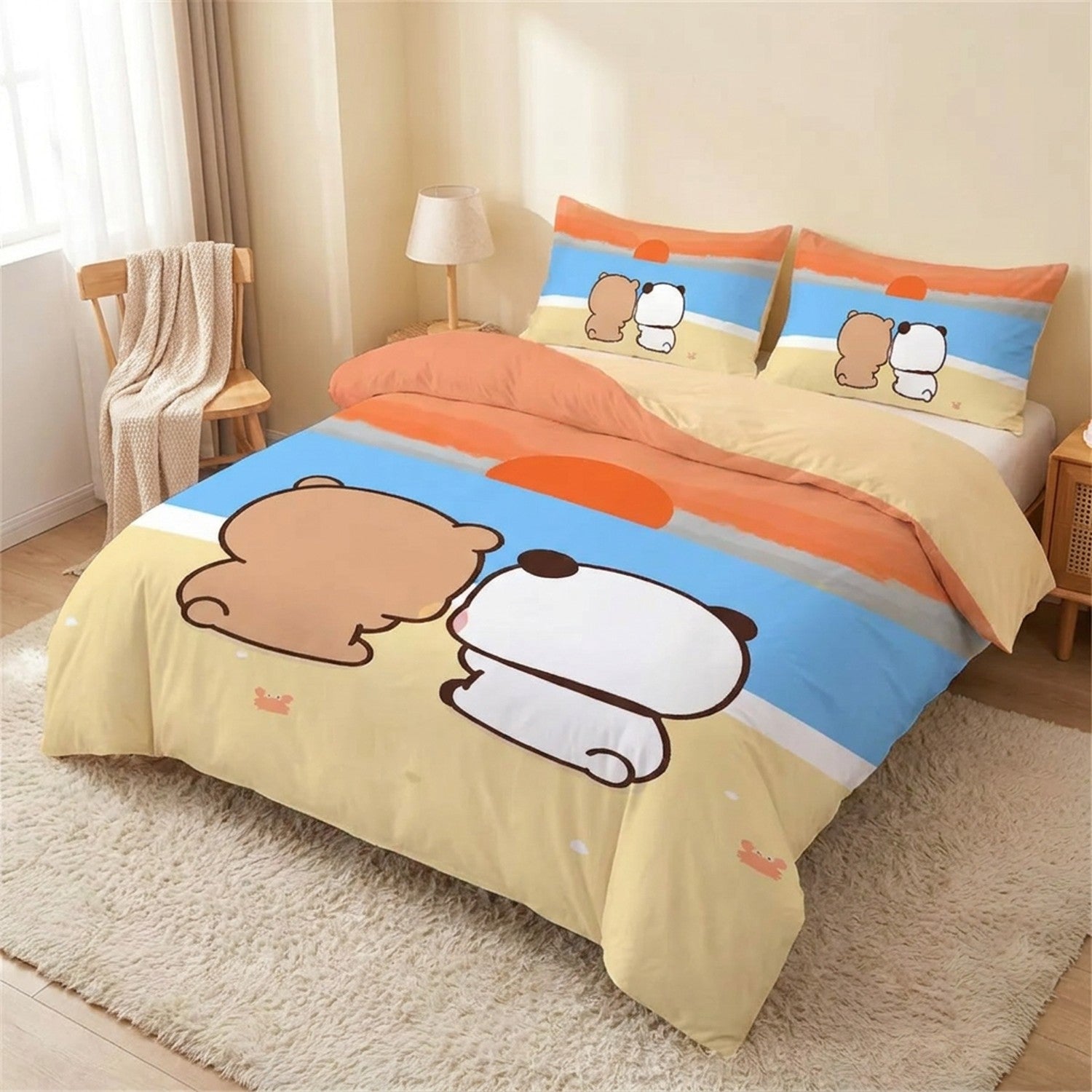 Parure de lit ours et panda dans une chambre enfant lumineuse