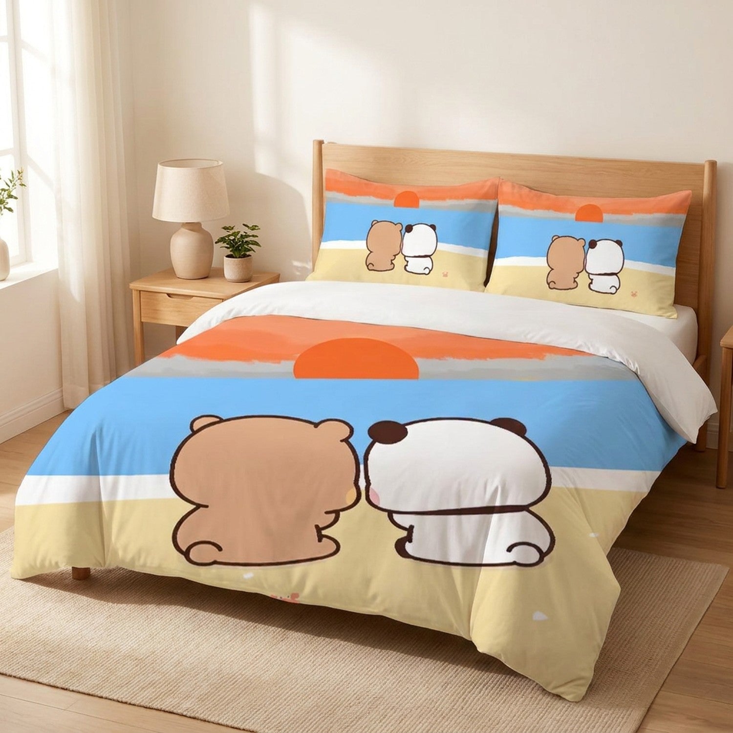 Parure de lit ours et panda kawaii installée sur un lit fait dans une chambre lumineuse