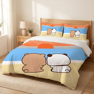 Parure de lit ours et panda kawaii installée sur un lit fait dans une chambre lumineuse