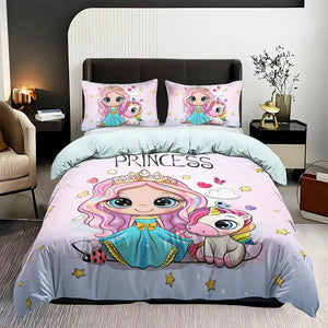 Parure de lit princesse et licorne installée sur un lit avec coussins