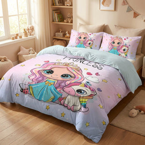 Parure de lit princesse et licorne sur un grand lit dans une chambre lumineuse