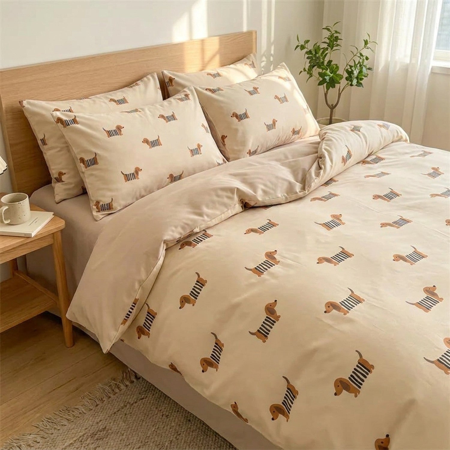 Parure de lit en coton à motif teckel installée sur un lit dans une chambre chaleureuse et lumineuse