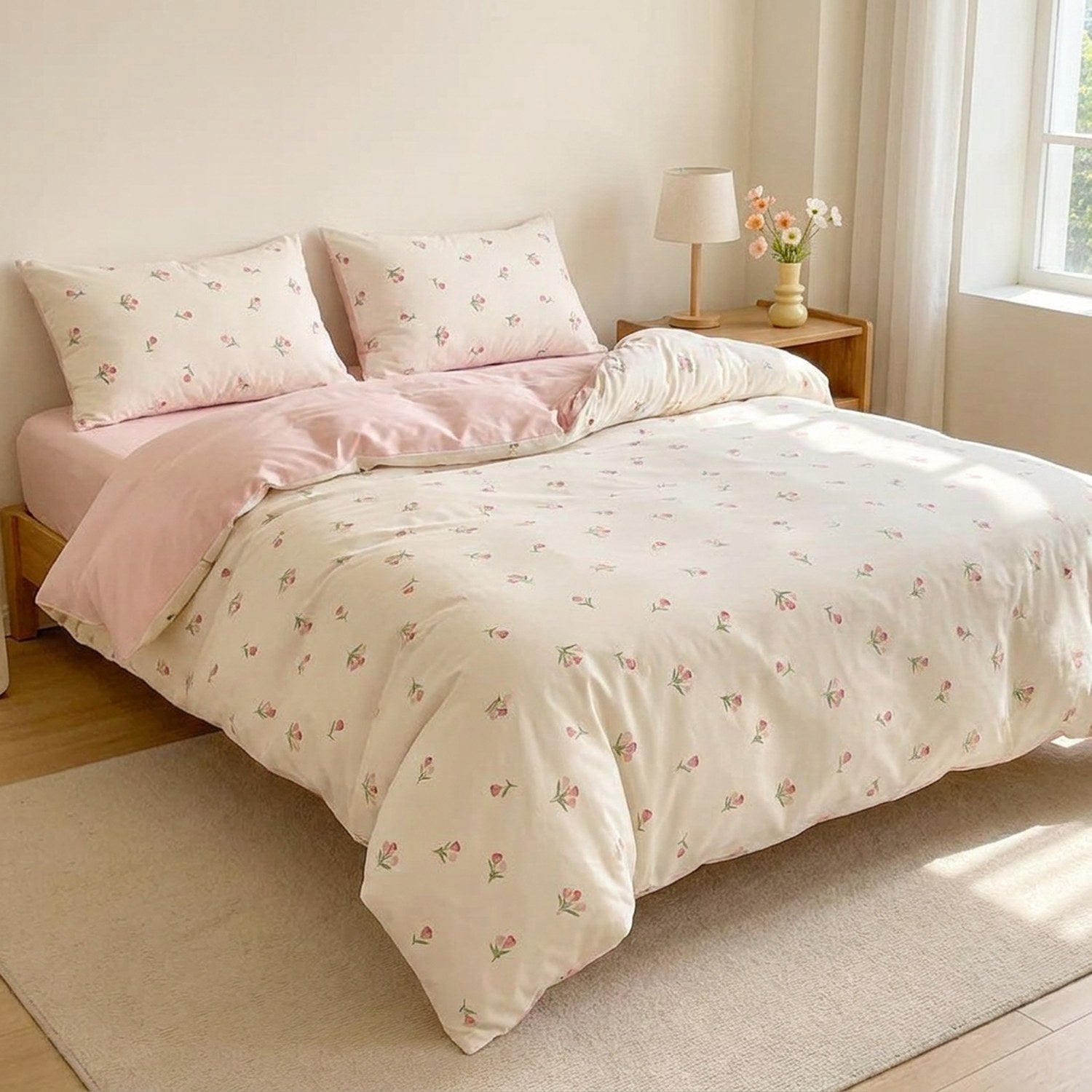 Parure de lit fleurie coton lavé réversible motif tulipes rose sur un lit dans une chambre lumineuse