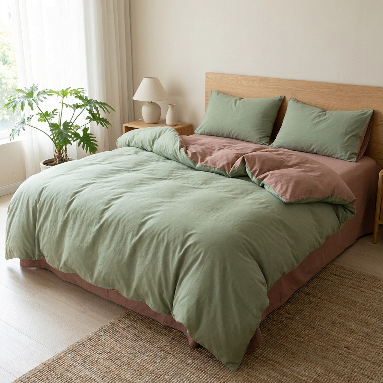 Parure de lit vert sauge et rose sur un lit dans une chambre lumineuse avec plante verte