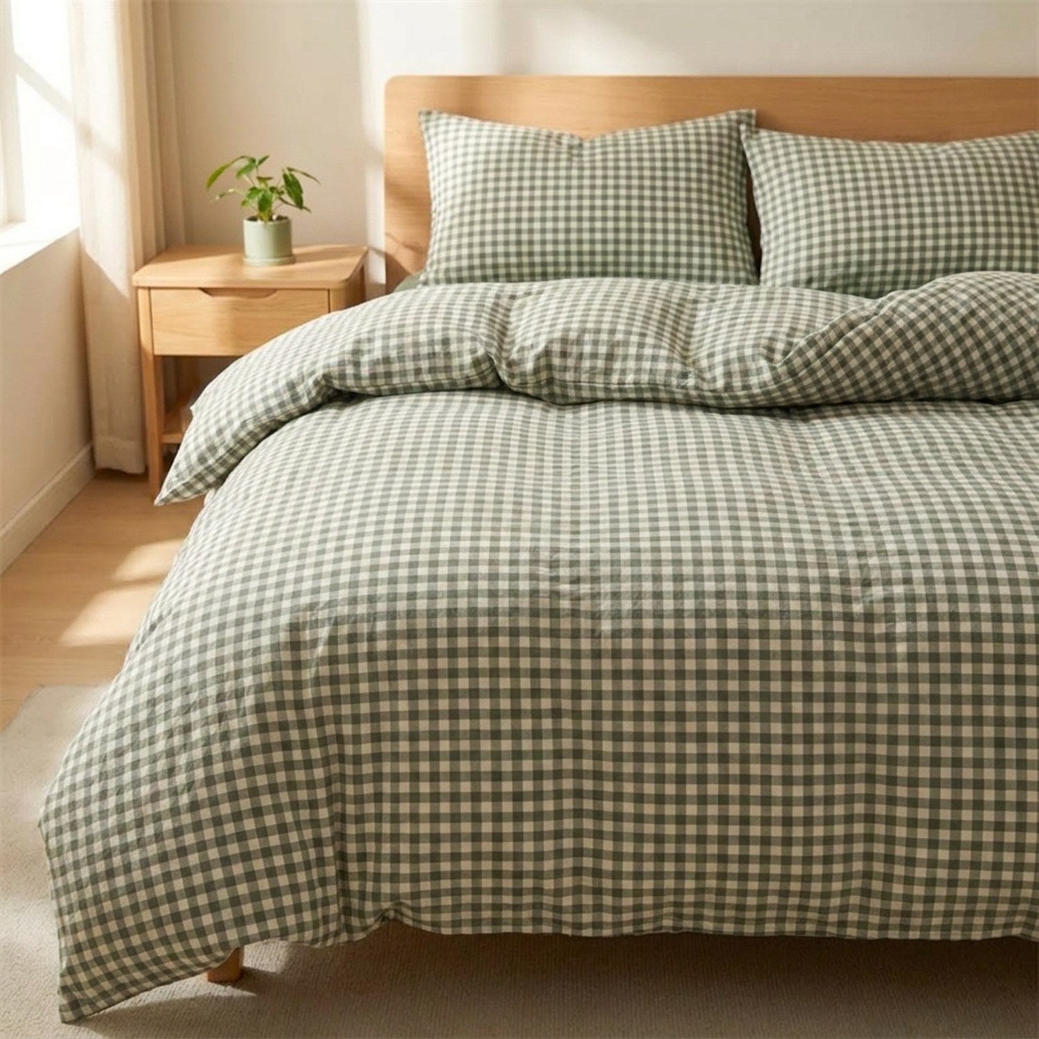 Parure de lit à carreaux vichy vert installée sur un lit dans une chambre lumineuse et chaleureuse
