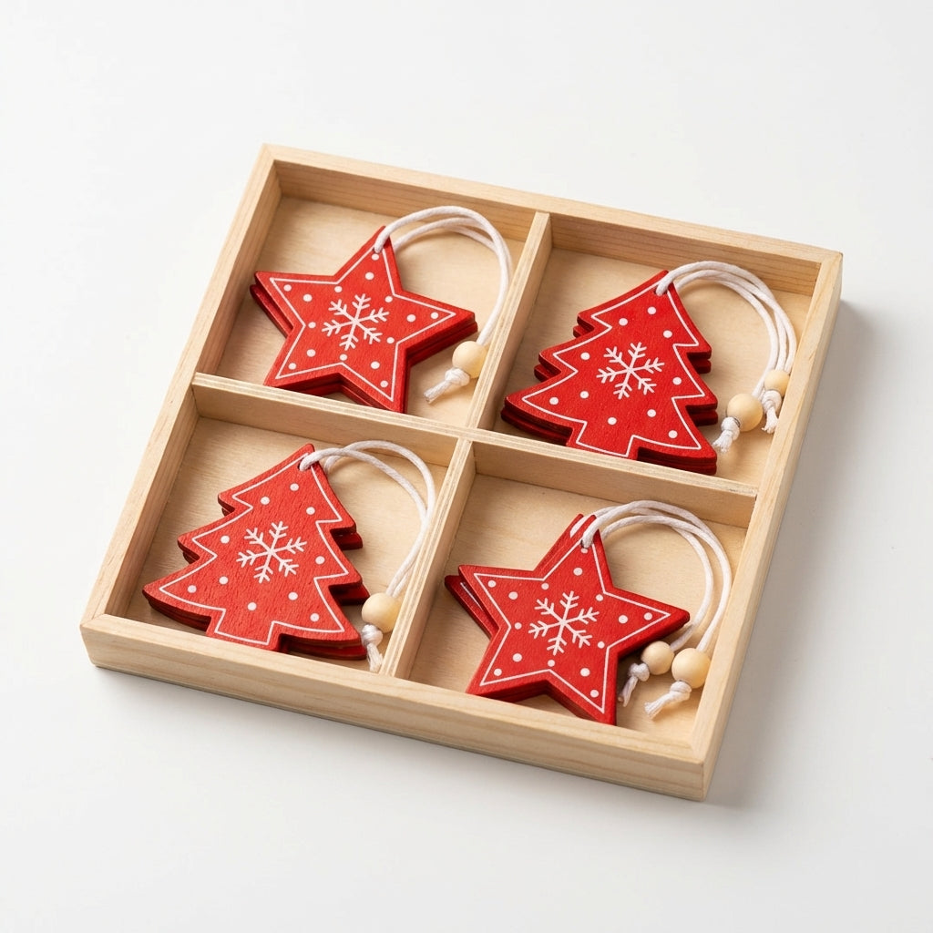 Coffret bois 12 pendentifs étoile et sapin de noël en bois rouge et blanc