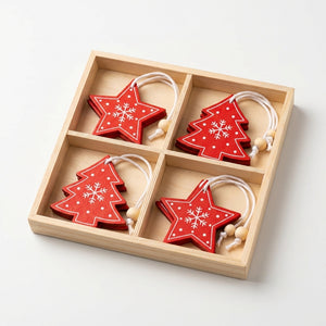 Coffret bois 12 pendentifs étoile et sapin de noël en bois rouge et blanc