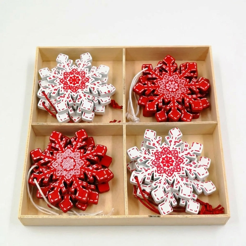 Coffret bois 12 pendentifs flocon de neige en bois rouge et blanc motifs mandala