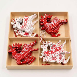 Coffret bois 12 pendentifs renne de noël en bois rouge et blanc motifs nordiques