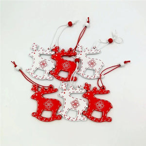 Pendentifs de noël en forme de renne bois peint rouge et blanc ficelle perle bois