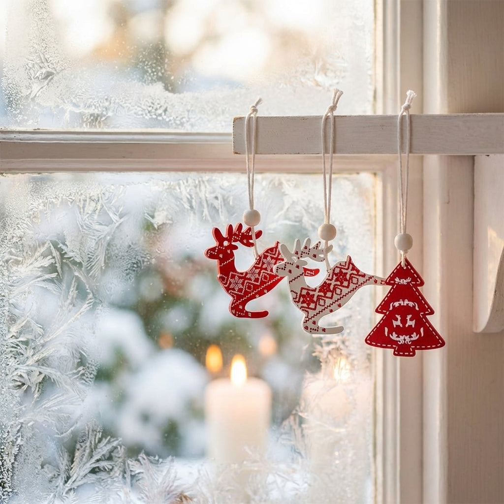 Pendentifs de noël en bois suspendus à fenêtre givrée avec bougie et paysage enneigé
