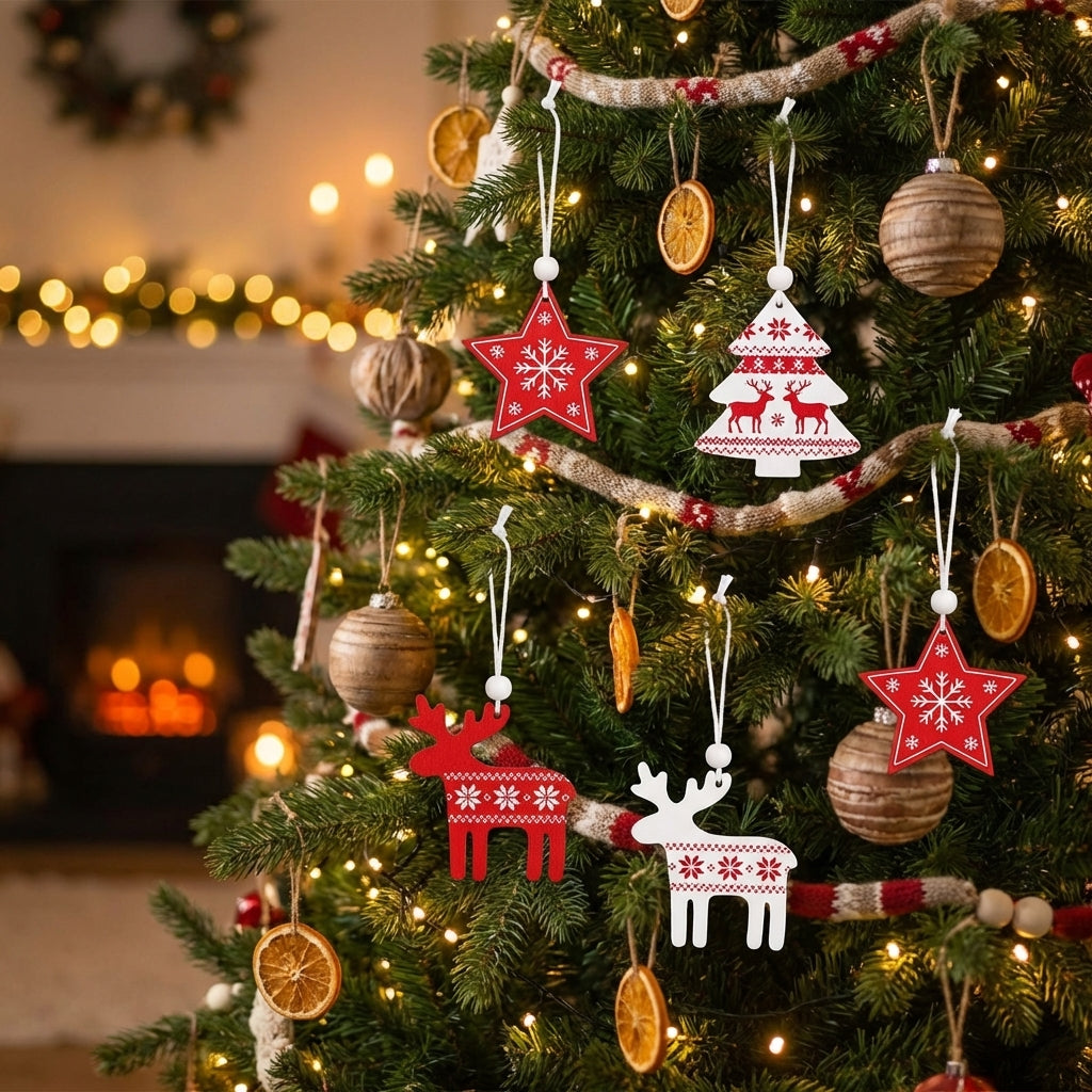 Pendentifs de noël en bois rouge et blanc sur sapin décoré dans salon chaleureux