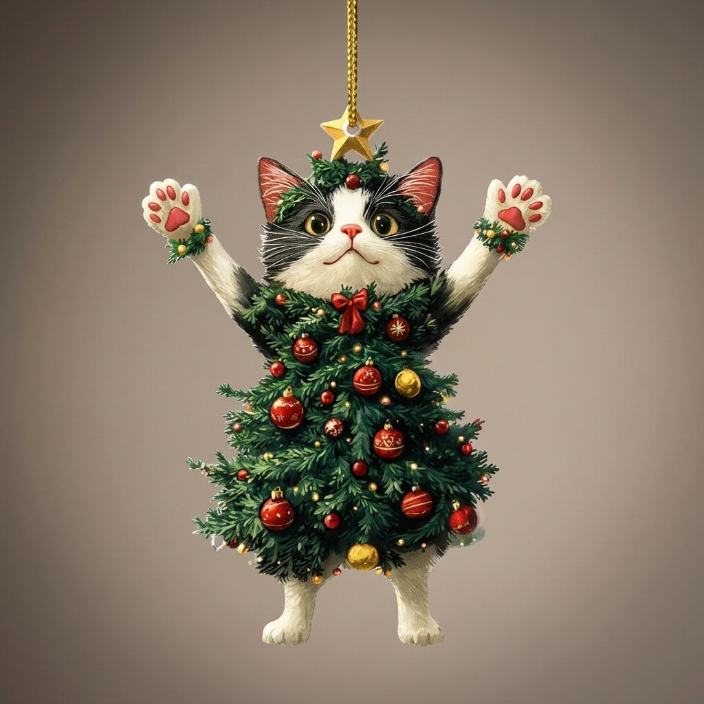 Pendentif chat noir et blanc déguisé en sapin de Noël