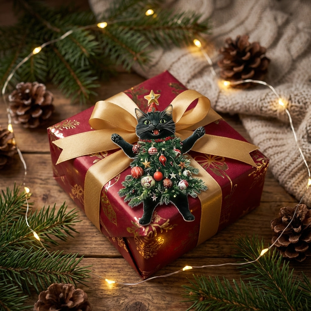 Pendentif chat de Noël posé sur un paquet cadeau avec branches de sapin