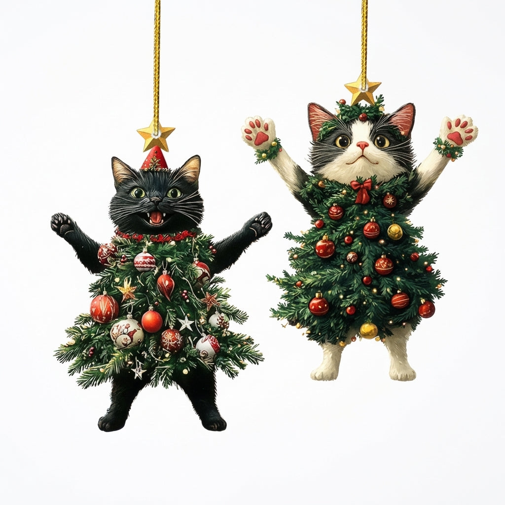 Pendentif en forme de chat noir déguisé en sapin de Noël avec boules colorées et étoile dorée