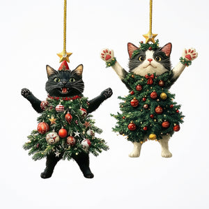Pendentif en forme de chat noir déguisé en sapin de Noël avec boules colorées et étoile dorée