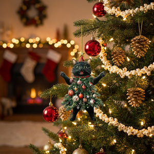 Pendentif chat de Noël suspendu sur un sapin décoré dans un salon chaleureux