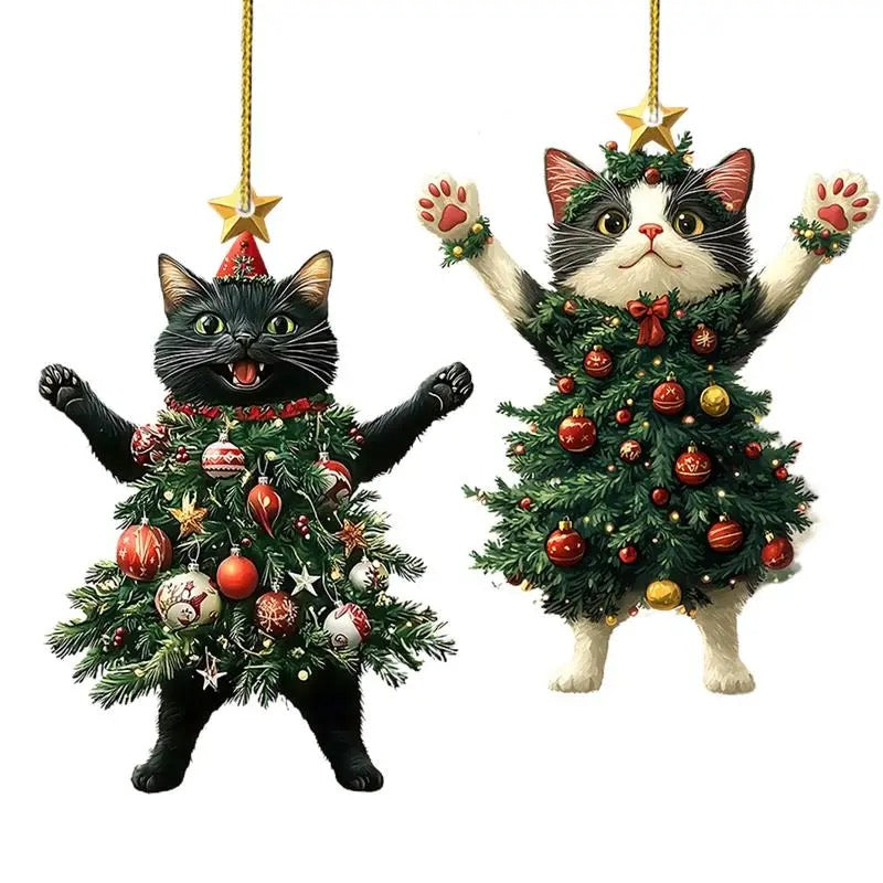 Deux modèles de pendentif chat déguisé en sapin noir et noir et blanc