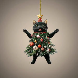 Pendentif chat noir déguisé en sapin de Noël