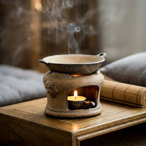 Brûle-parfum en céramique zen allumé dans un coin méditation