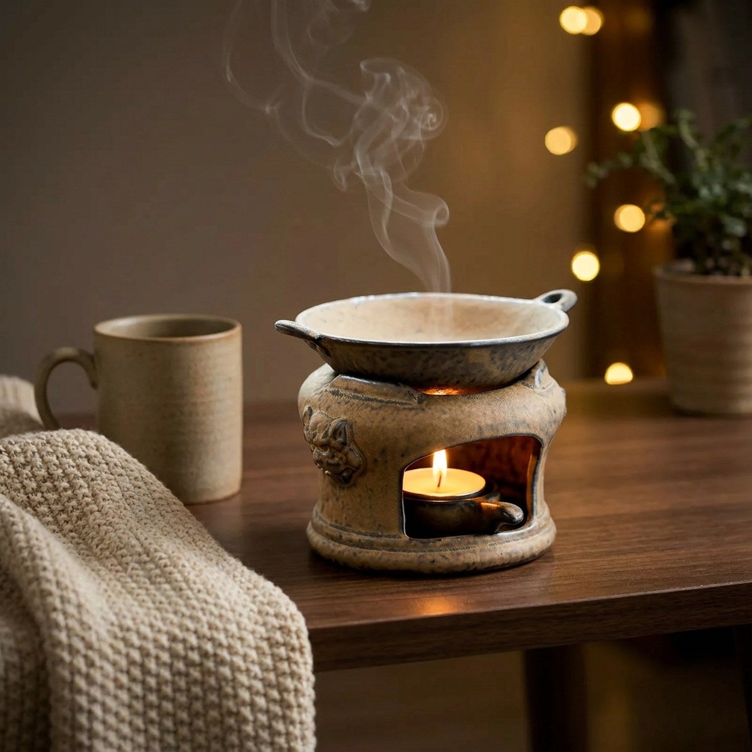 Brûle-parfum en céramique zen allumé sur une table de salon cosy
