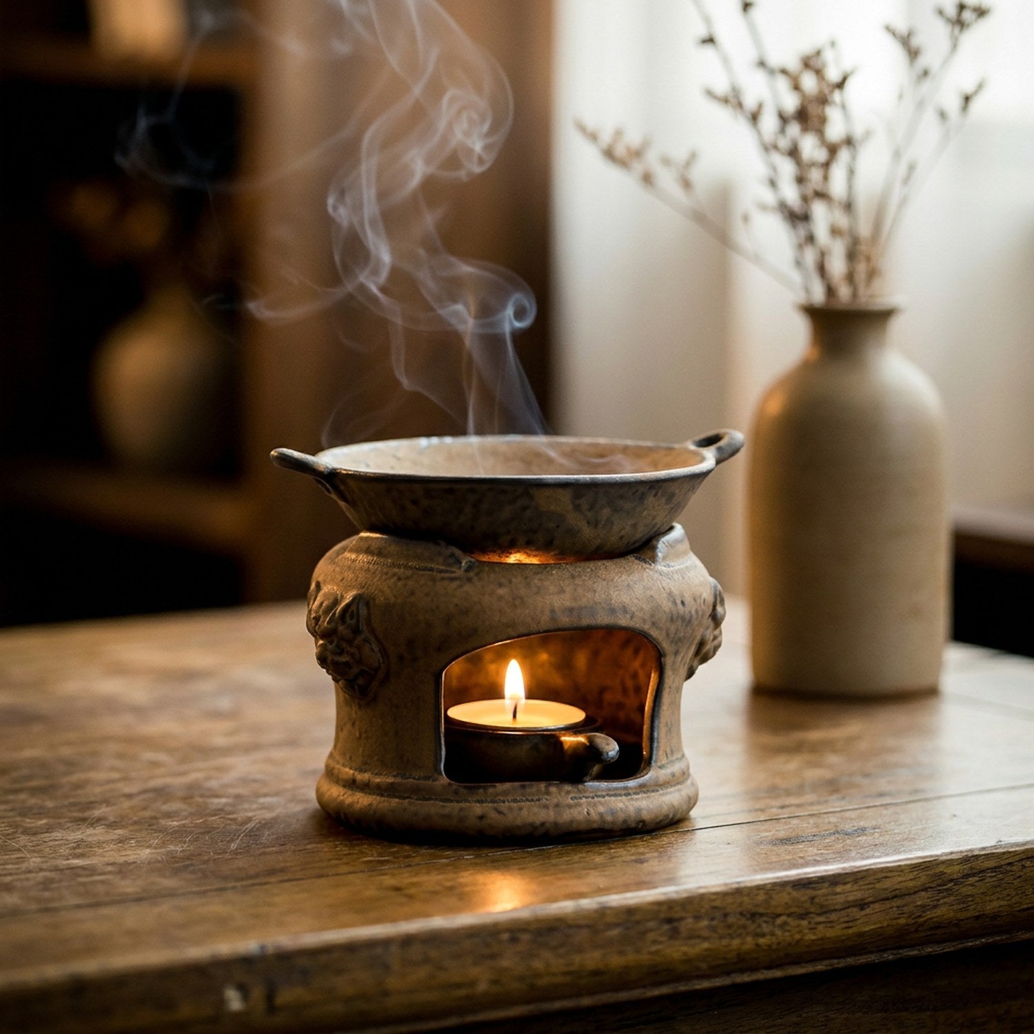 Brûle-parfum en céramique zen allumé sur un bureau près d'une fenêtre