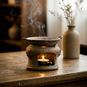 Brûle-parfum en céramique zen allumé sur un bureau près d'une fenêtre