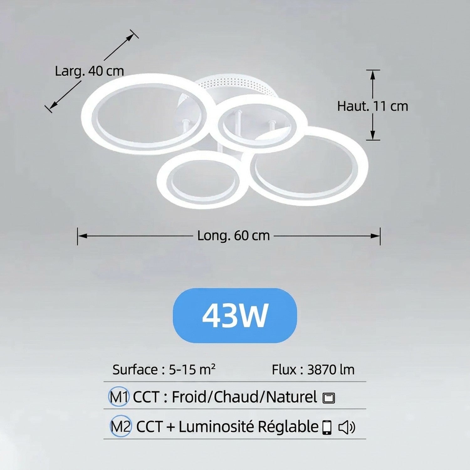 Dimensions du plafonnier 4 anneaux : Long. 60 cm × Larg. 40 cm × Haut. 11 cm — 43W