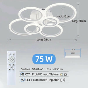 Dimensions du plafonnier 6 anneaux : Long. 78 cm × Larg. 60 cm × Haut. 15 cm — 75W
