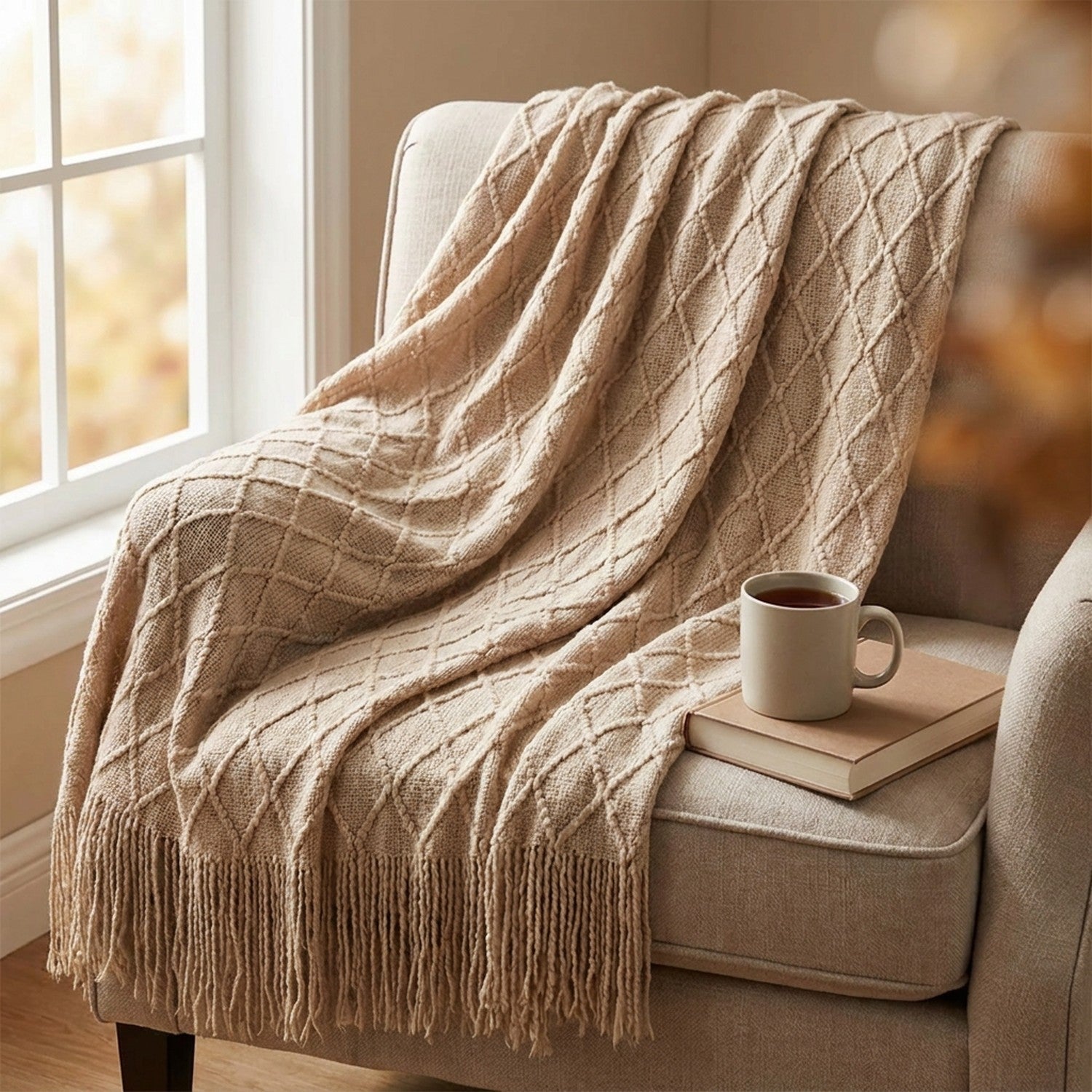 Plaid tricoté beige drapé sur un fauteuil de lecture avec une tasse de thé