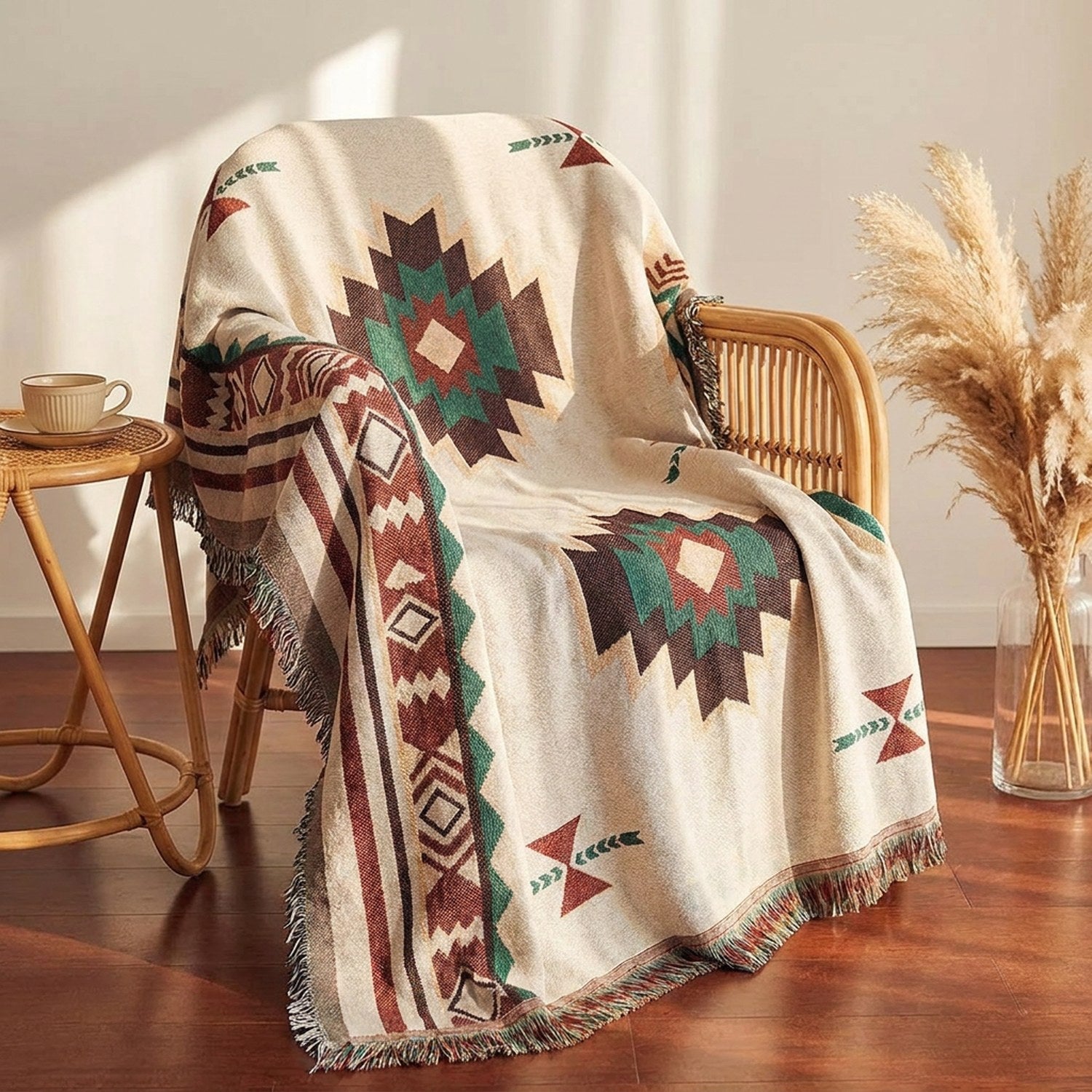 Plaid bohème à franges motif aztèque drapé sur un fauteuil en rotin