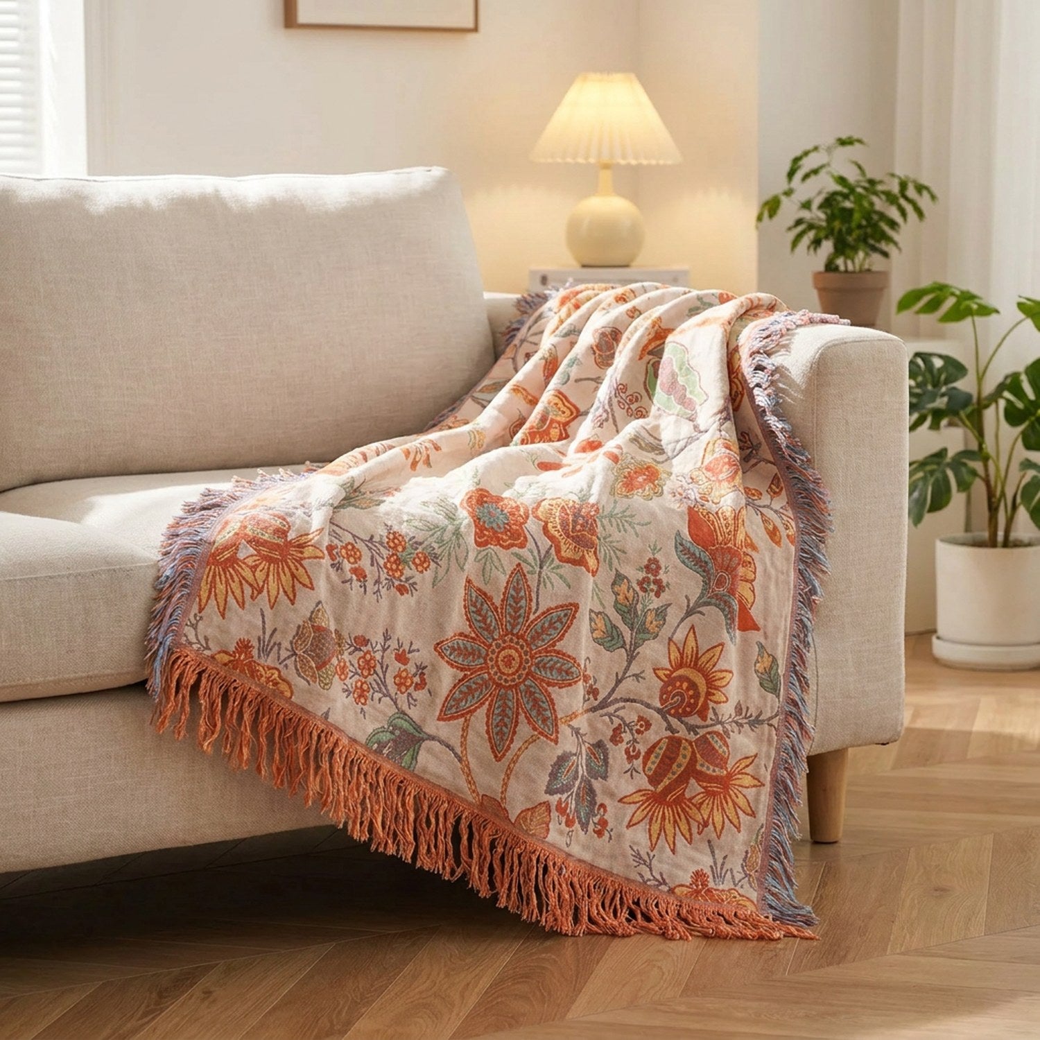 Couvre-lit en coton à motifs floraux bohèmes drapé sur un canapé dans un salon chaleureux