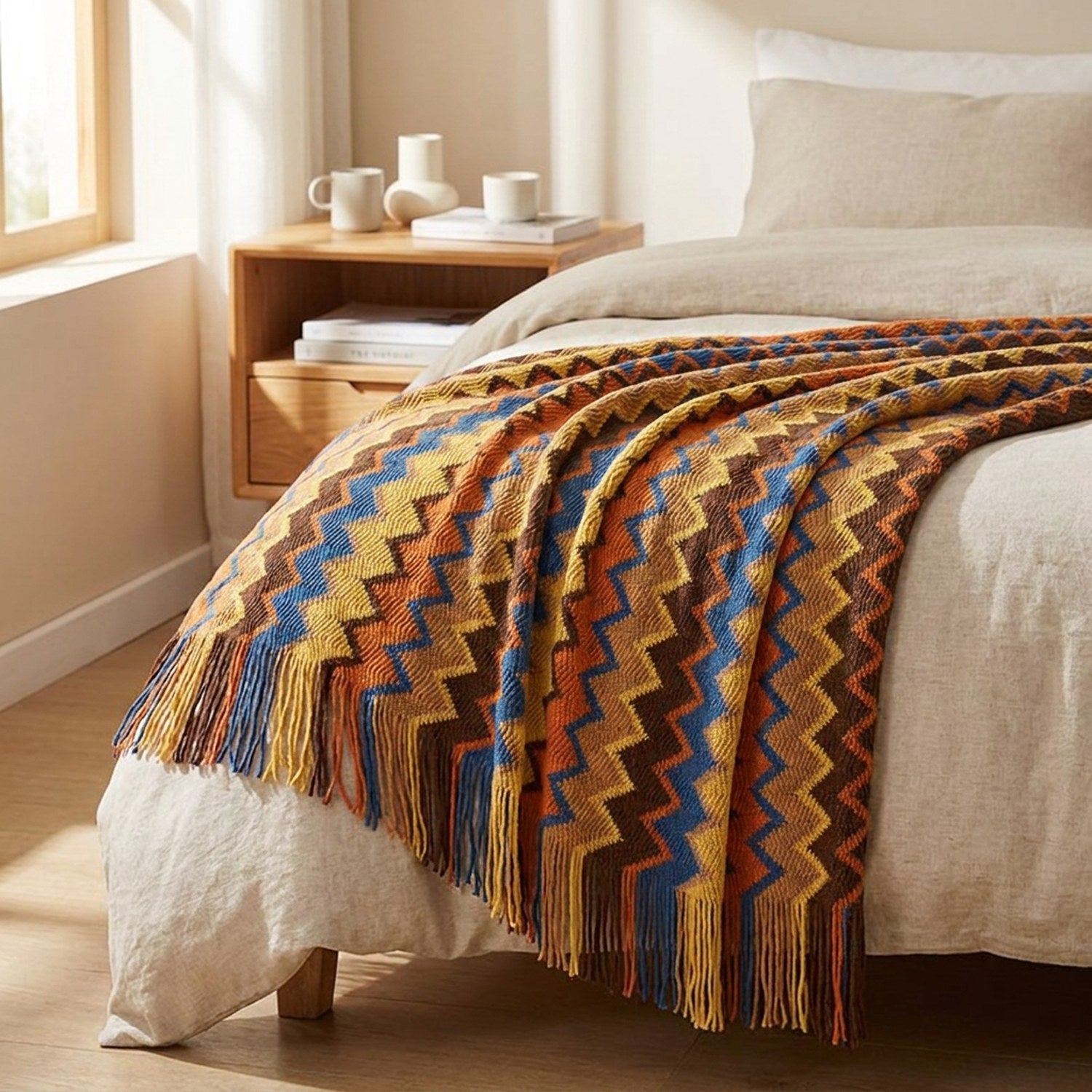 Plaid bohème à chevrons colorés orange drapé au pied d'un lit dans une chambre chaleureuse