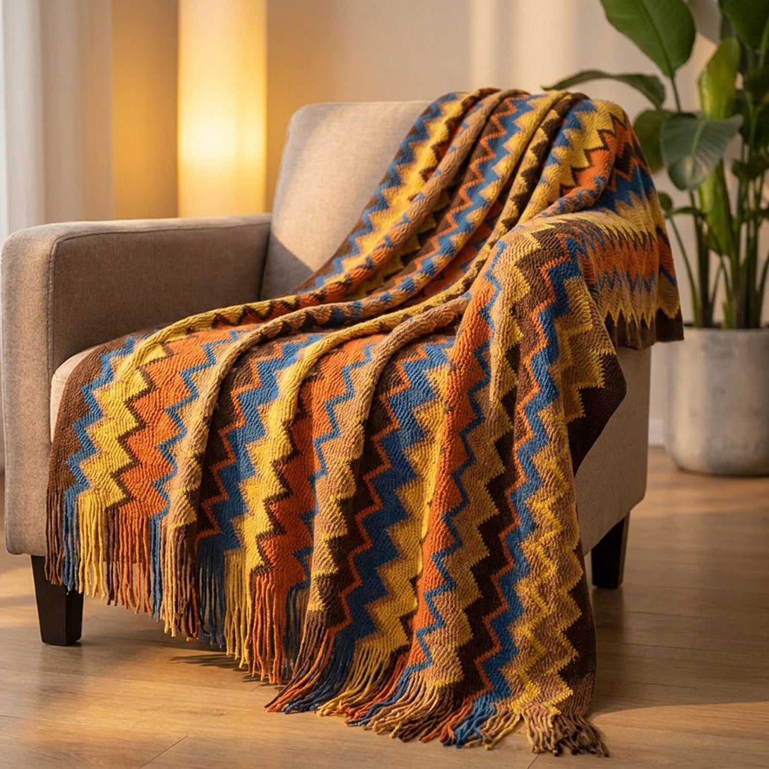 Plaid bohème à chevrons colorés orange drapé sur un fauteuil dans un salon chaleureux