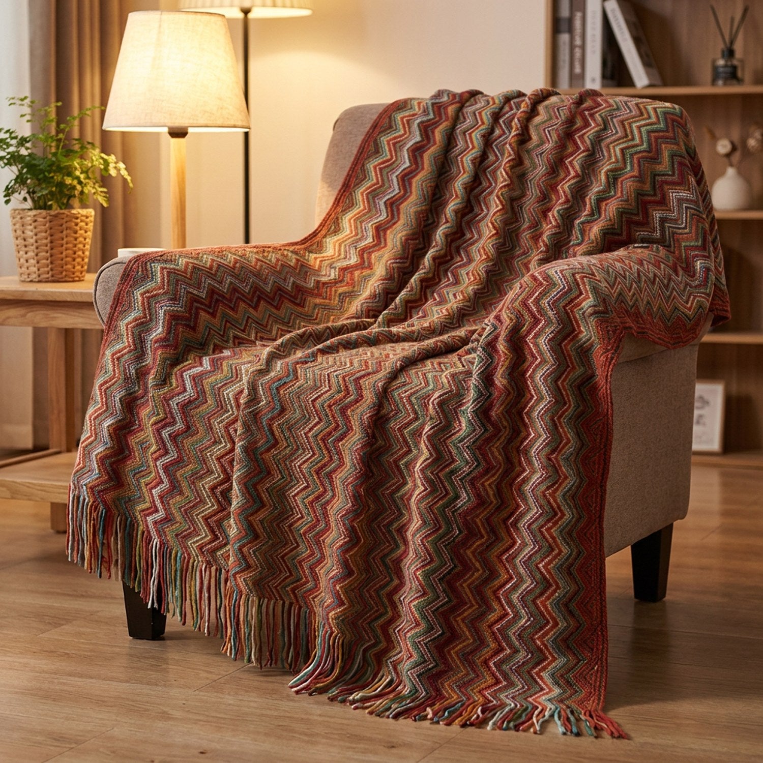 Plaid bohème à chevrons colorés rouge et rouille drapé sur un fauteuil