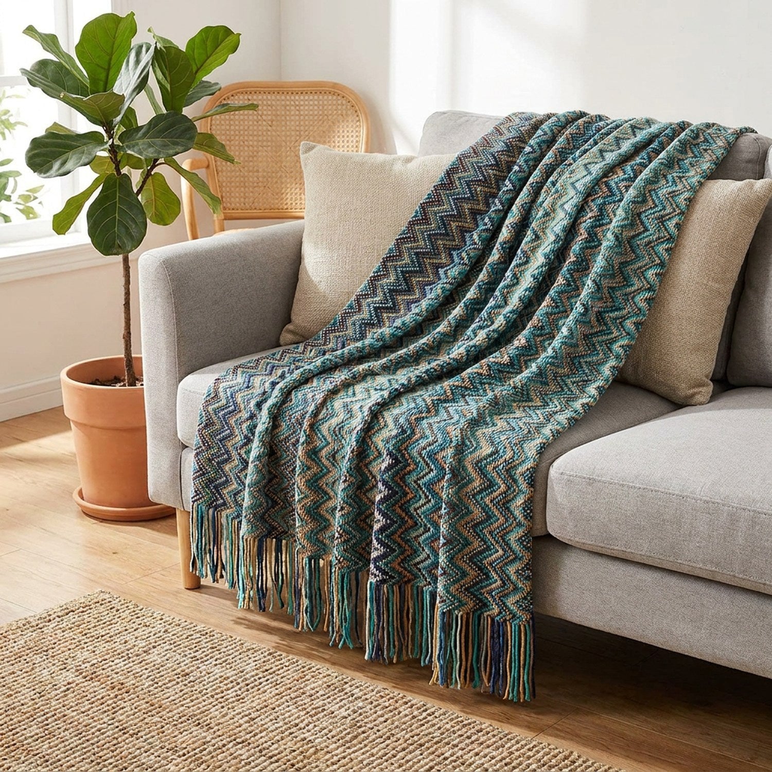 Plaid boho turquoise à chevrons drapé sur un canapé gris avec plante