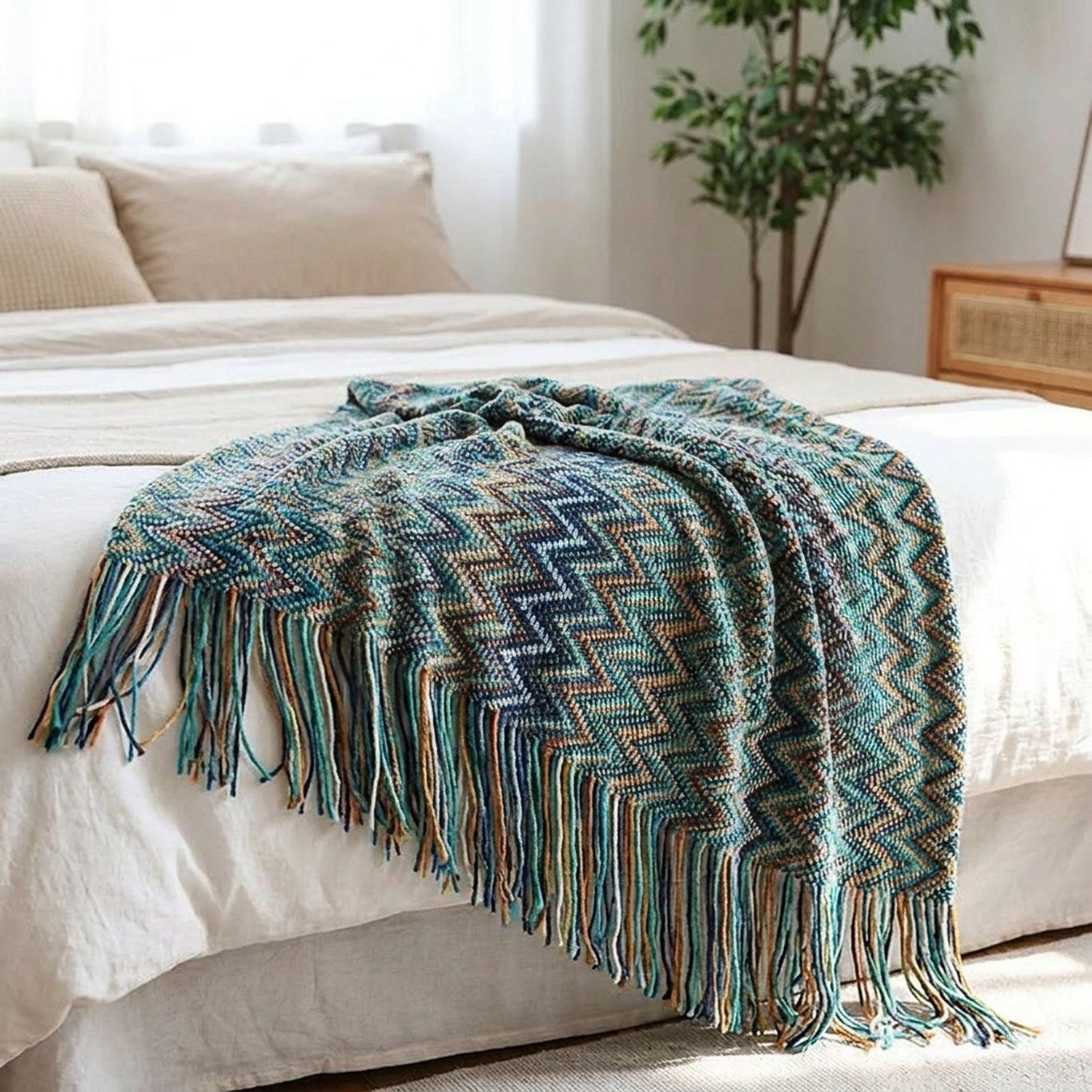 Plaid boho turquoise à franges drapé au pied d'un lit lumineux