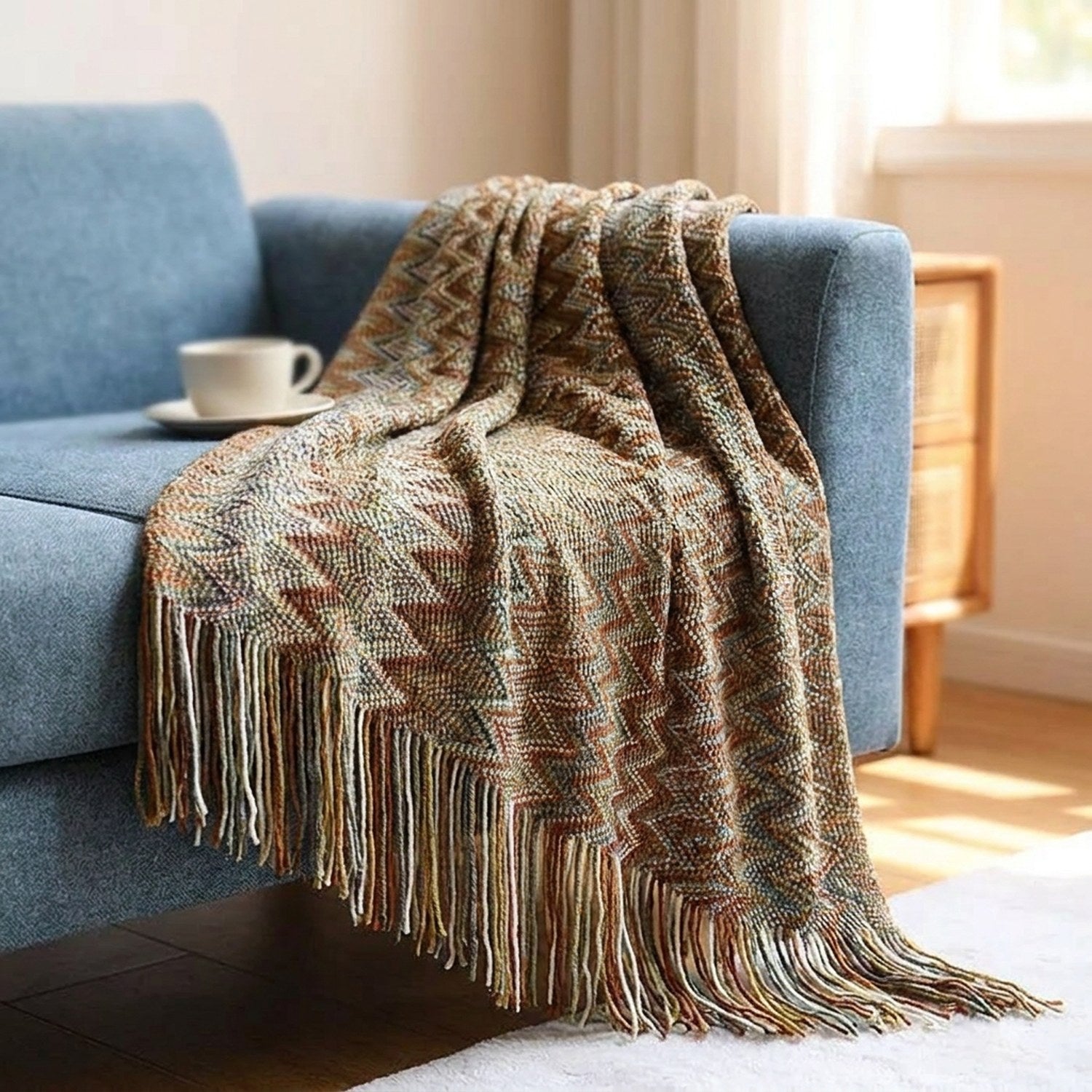 Plaid boho tricoté à chevrons marron et rouille drapé sur un canapé