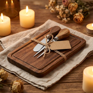 Planche à fromage en acacia présentée comme cadeau avec ses couverts liés par une ficelle et une étiquette kraft