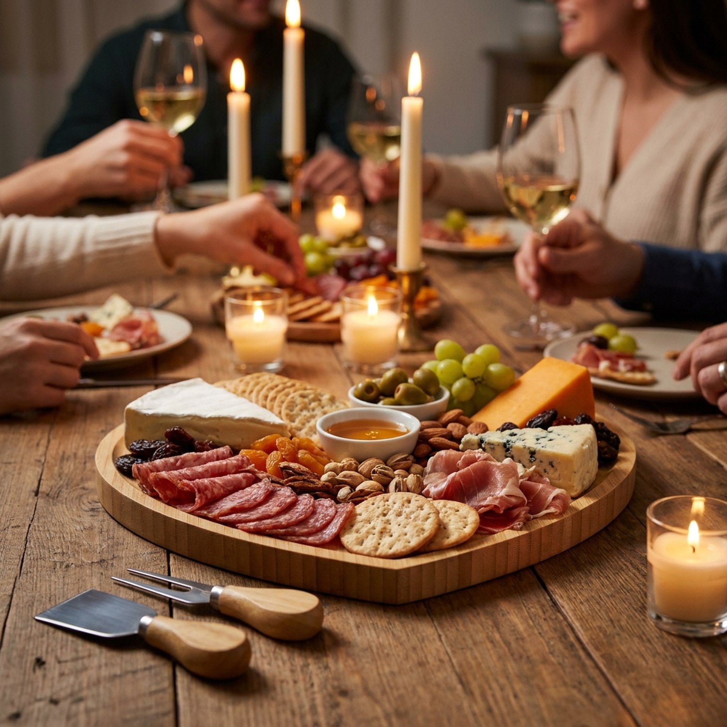 Planche apéritif cœur bois lors d'un diner avec bougies et bougies