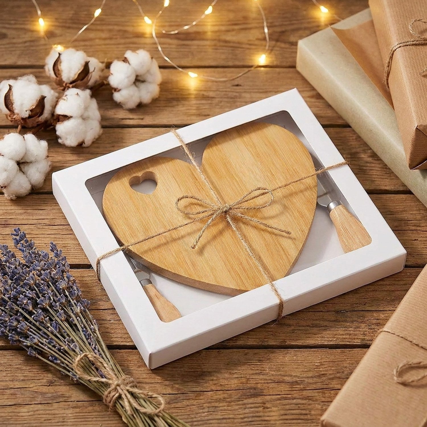 Planche cœur bois présentée dans son coffret cadeau avec lavande